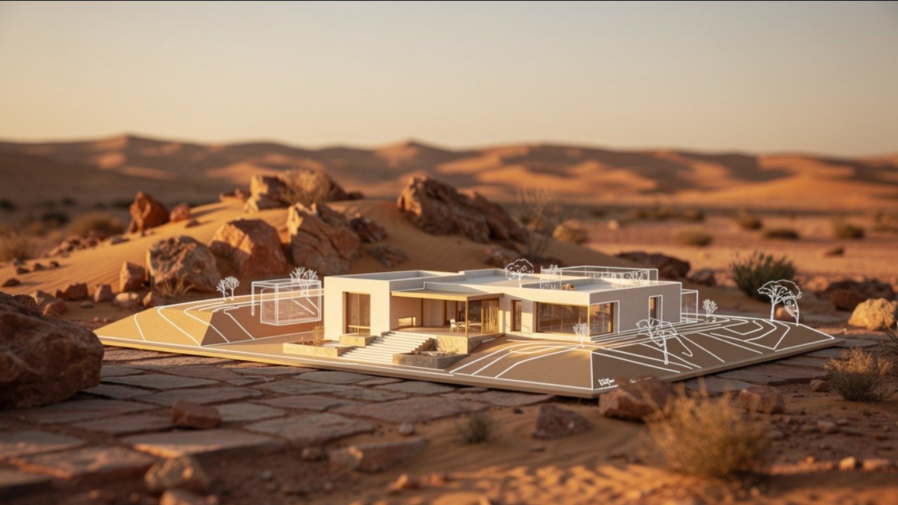 projection projet architectural terrain avec maquette croquis volumes